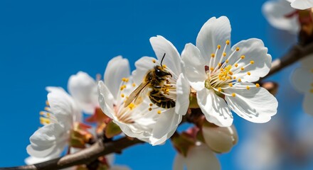Bee Pollinating White Blossoms Against Clear Blue Sky