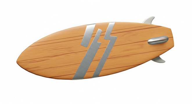 3d cute cartoon illustration, vintage wooden fishboard surfboard isolated on white in watercolor style with glimmering silver tones