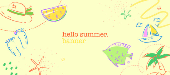 Hello summer doodle banner with hat, palm, sailboat and watermelon. Crayon Style Summer Sale Background Banner with Watermelon, Sailboat and Palm
