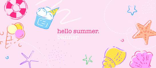 Pastel Doodle Hello Summer Banner with Ice Cream and Seashells. 