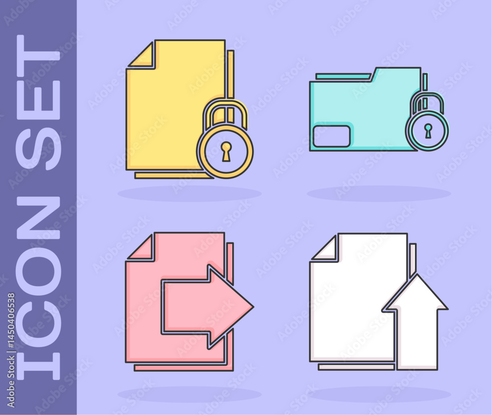 Fototapete Set Upload file document, Document and lock, Next page arrow and Folder and lock icon. Vector