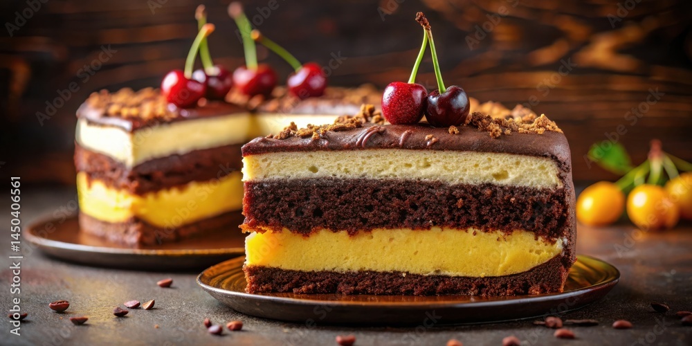 Aufkleber A slice of delicious chocolate cake with a layer of vanilla custard, topped with fresh cherries, and a sprinkle of crushed cookie crumbs, ready to be enjoyed.