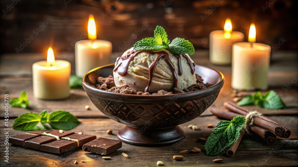 Poster a bowl of ice cream topped with chocolate sauce and garnished with mint leaves, surrounded by candle