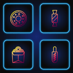 Set line Hotdog sandwich, Noodles in box, Donut and Candy. Gradient color icons. Vector