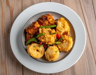 Fototapeta premium Delicious crispy fried fish cakes with green beans and chili peppers served on a gray bowl and white plate. Overhead shot.