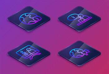 Set Isometric line World news, Television report, and . Blue square button. Vector