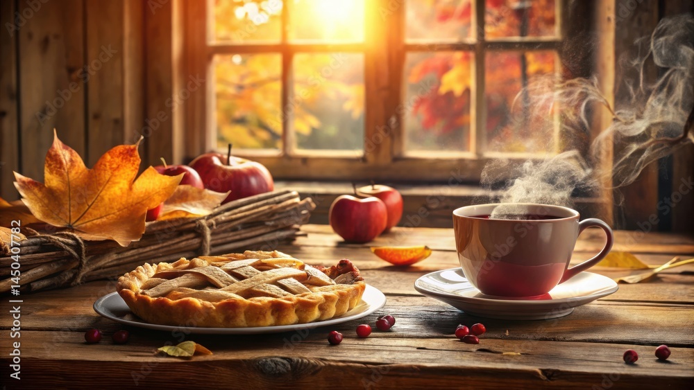 Aufkleber a rustic autumnal scene with a steaming cup of tea, a freshly baked apple pie, and a basket of apple