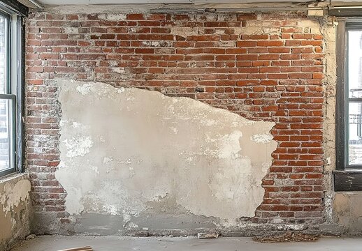 Partially exposed brick wall with peeling plaster near indoor window.