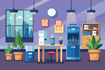 Illustration of a contemporary office interior featuring a water cooler, plants, and office supplies against a cityscape background. The scene evokes a calm and organized work environment.