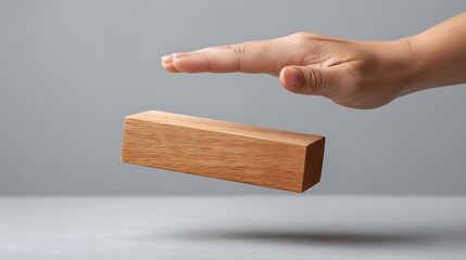 Hand Holding Wooden Block in Air with Sensation of Weightlessness Above Gray Surface Backdrop