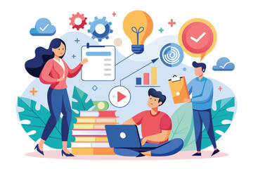 Illustration depicting a diverse team collaborating in a creative business setting. Features charts, gears, and lightbulbs symbolizing innovation, teamwork, and successful planning strategies.
