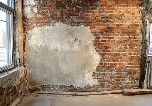 Partially exposed brick wall with peeling plaster near indoor window.