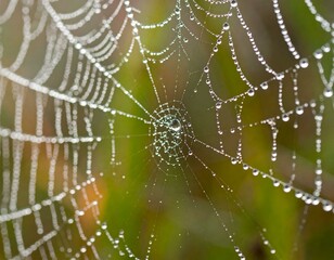 Dew-covered spiderweb glistening in morning light, nature detail.