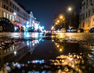 Night city reflections in a puddle.  Blurry bokeh lights create a dreamy atmosphere.