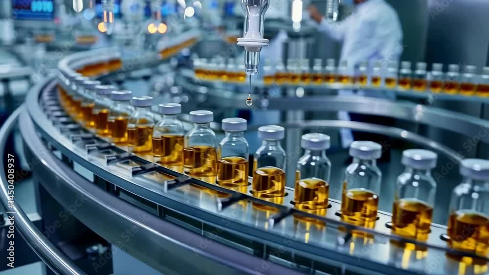 Poster a row of vials moving along a sterile industrial production line being filled one drop at a time. th