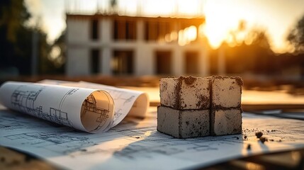 Construction site with blueprints and partially-built house at sunset.