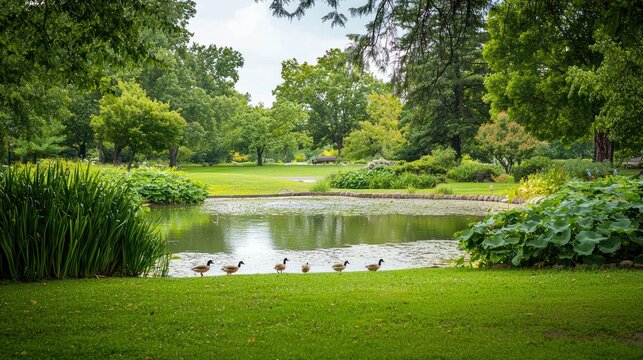 Park with a pond, ducks, and surrounding lush green trees and bushes on white
