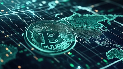 Bitcoin metal coin on circuit-patterned dark background.