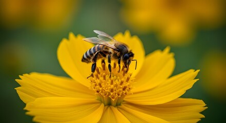 Bee Collecting Pollen on a Yellow Flower in a Garden