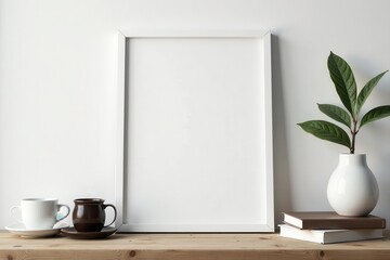 White frame mockup on rustic wood; coffee, books, minimalist decor, pile, wall, empty