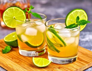 Refreshing lime and mint cocktails in glasses with ice. Perfect for summer.