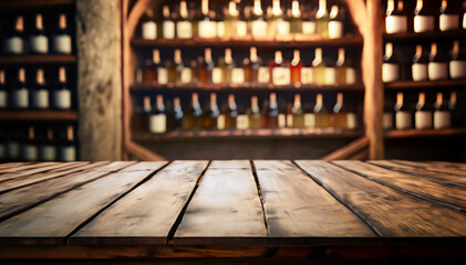 Empty Wooden Table in Front of Blurred Wine Shelves
