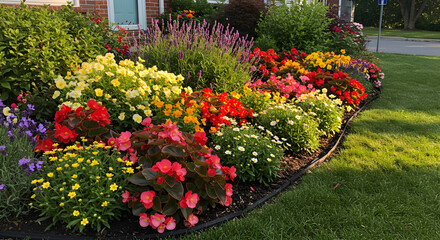 Obraz premium Abundant Colorful Flowerbed Displaying Vibrant Blooms along a Residential Lawn