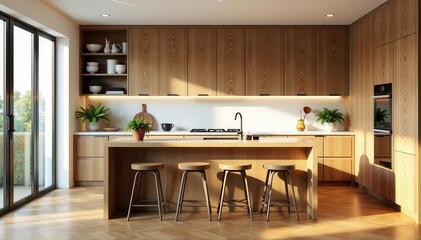 Wooden kitchen island; bar chairs, parquet floor, mockup area, golden, brown