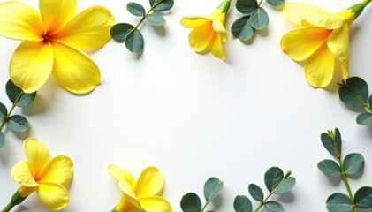 Yellow flower & eucalyptus flatlay Elegant floral pattern on white , botanical, aesthetic