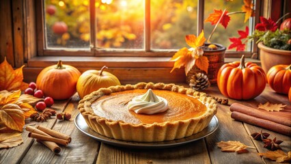 Naklejka premium A Delicious Pumpkin Pie With Whipped Cream, Served On A Wooden Table, With Autumn Leaves, Pumpkins, And Cinnamon Sticks
