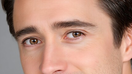 Fototapeta premium Close-Up of Male Presenter Expressing Sincerity Through Engaging Eye Contact and Warm Smile