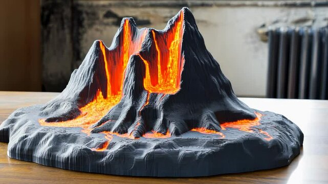 A 3D printed science model of a volcano with internal lava chambers and eruptive features.