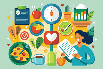 Vibrant illustration depicting healthy lifestyle concepts, including balanced diet, exercise, and wellness. Features fruits, vegetables, a clipboard, and a smiling woman embracing healthy habits.