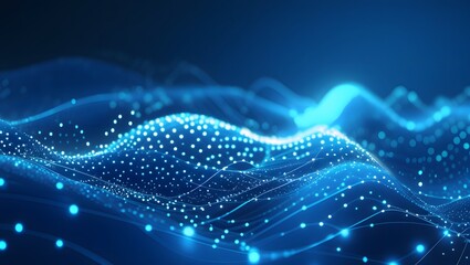 Abstract blue tech background with digital waves, dynamic network system, artificial neural connections, cyber quantum computing and electronic global intelligence, futuristic digital glow data points