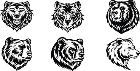 Bear Head Vector Illustrations Set- Black and White Art