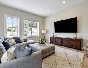 Modern living room interior design. Gray sectional sofa, large TV, wooden media console, fluffy rug, and natural light.