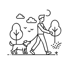 person walking dog in park icon, person walking dog in park line art - simple line art of person walking dog in park, perfect for person walking dog in park logos and icons
