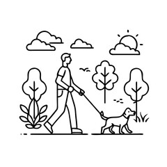 person walking dog in park icon, person walking dog in park line art - simple line art of person walking dog in park, perfect for person walking dog in park logos and icons