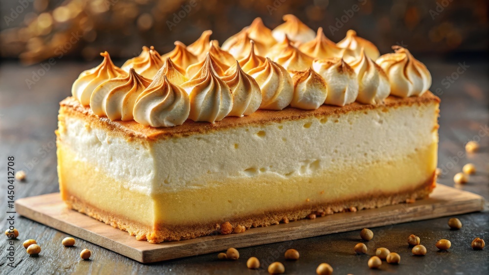Poster A Creamy Slice of Decadent Cheesecake Topped with Soft Meringue and Served on a Rustic Wooden Board