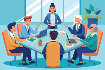 Animated illustration showcasing a diverse group of business professionals engaged in a collaborative meeting around a conference table in a modern office setting.