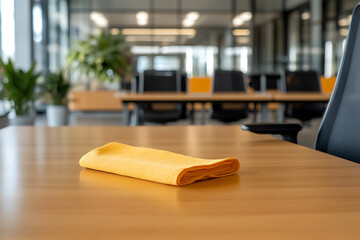 Clean workspace: a bright microfiber cloth rests on a polished wood table in a modern, uncluttered office setting, ready for wiping and cleaning.