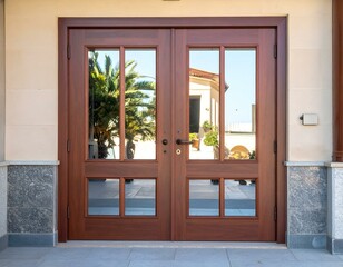 Double Mahogany Doors Reflecting Palm Trees and Building.
