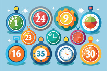 A vibrant collection of cartoon stopwatch illustrations, each depicting various time intervals against a blue background. Ideal for concepts of time management, deadlines, and productivity.