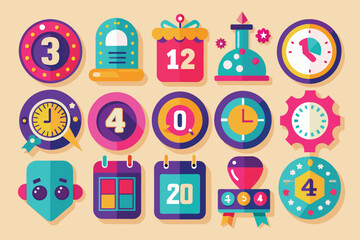 A vibrant collection of flat-style icons showcasing clocks, numbers, and holiday elements. Each icon features bold colors and playful designs, perfect for festive occasions and creative projects.