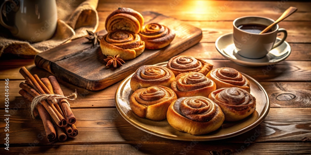 Poster a warm, golden plate of cinnamon rolls, presented alongside a steaming cup of coffee and a bundle of