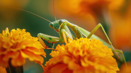 Praying mantis on bright orange marigold flower in natural green background