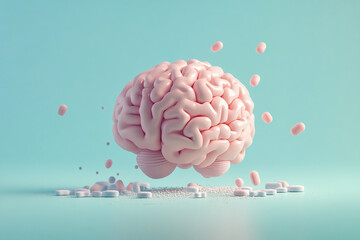 Pink brain model above scattered pills on teal background, illustrating medication and brain health concept Mockup free space