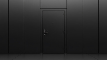 Minimalist black door integrated into a sleek, monochromatic wall. Modern architectural design emphasizing simplicity and clean lines. Dramatic, elegant entrance.