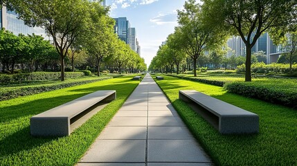 Fototapeta premium Straight path with trimmed trees, shrubs, green lawn, stone benches, modern skyscrapers under clear sky.
