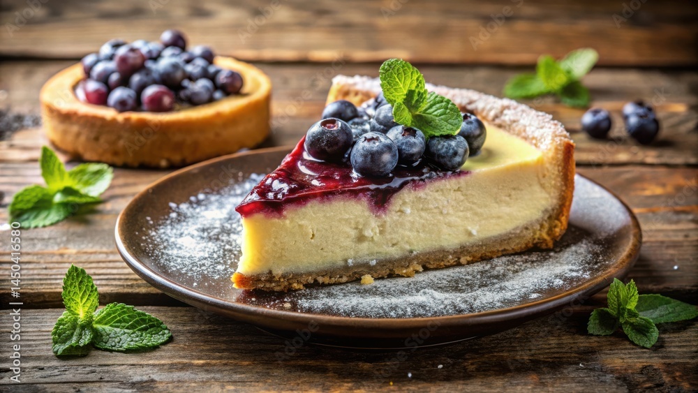 Poster a slice of cheesecake topped with blueberries and a sprig of mint, resting on a plate dusted with po